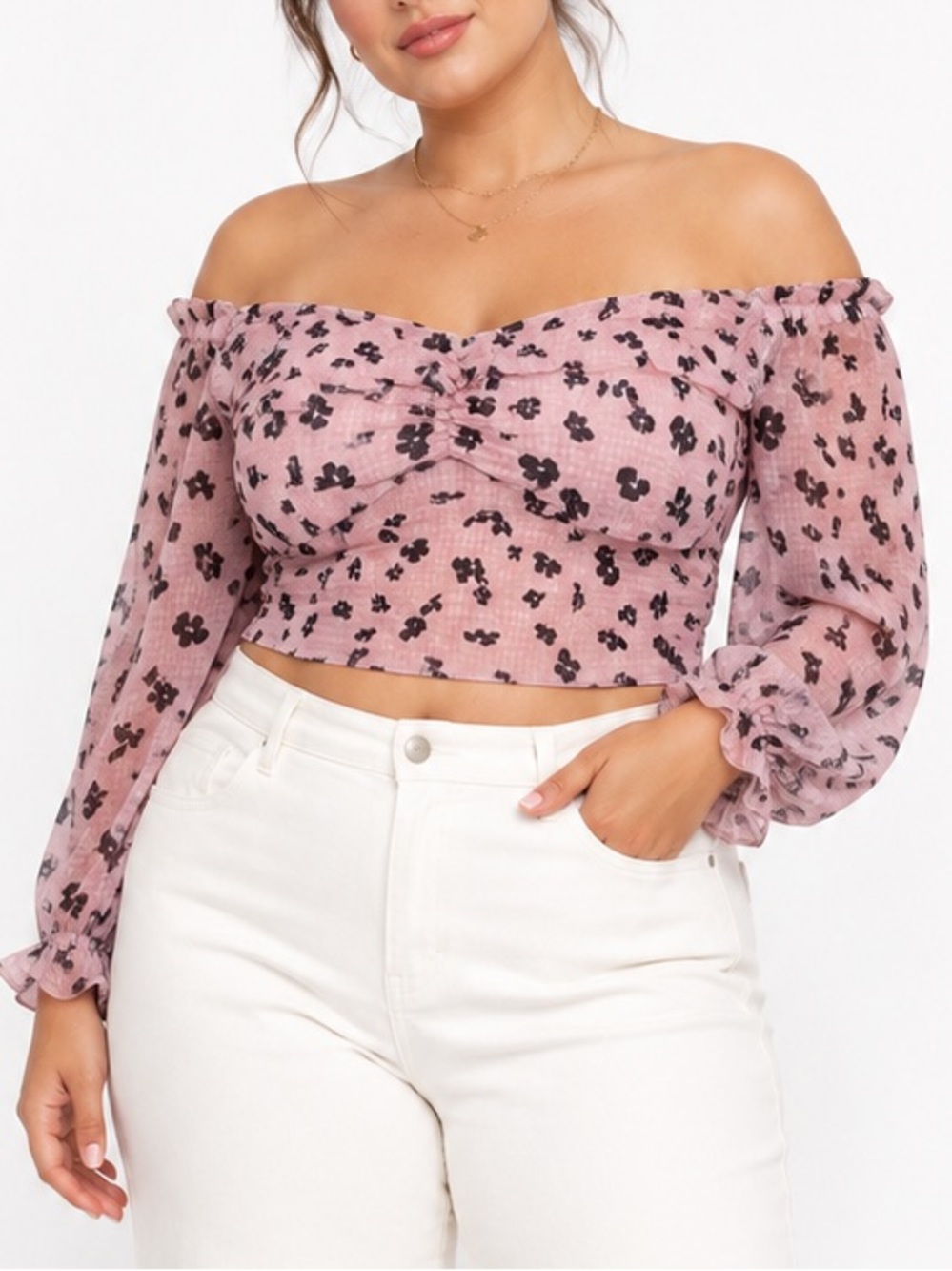Leith Pink Floral Chiffon Off-The-Shoulder Cropped Coquette Blouse Top Size 2X